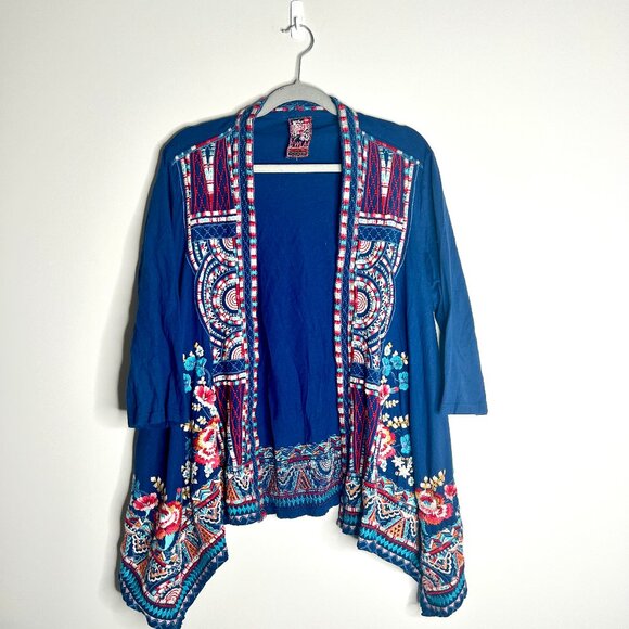 Johnny Was Floral Embroidered Mina Open Front Cardigan Blue Bohemian Sz XL - Picture 1 of 5